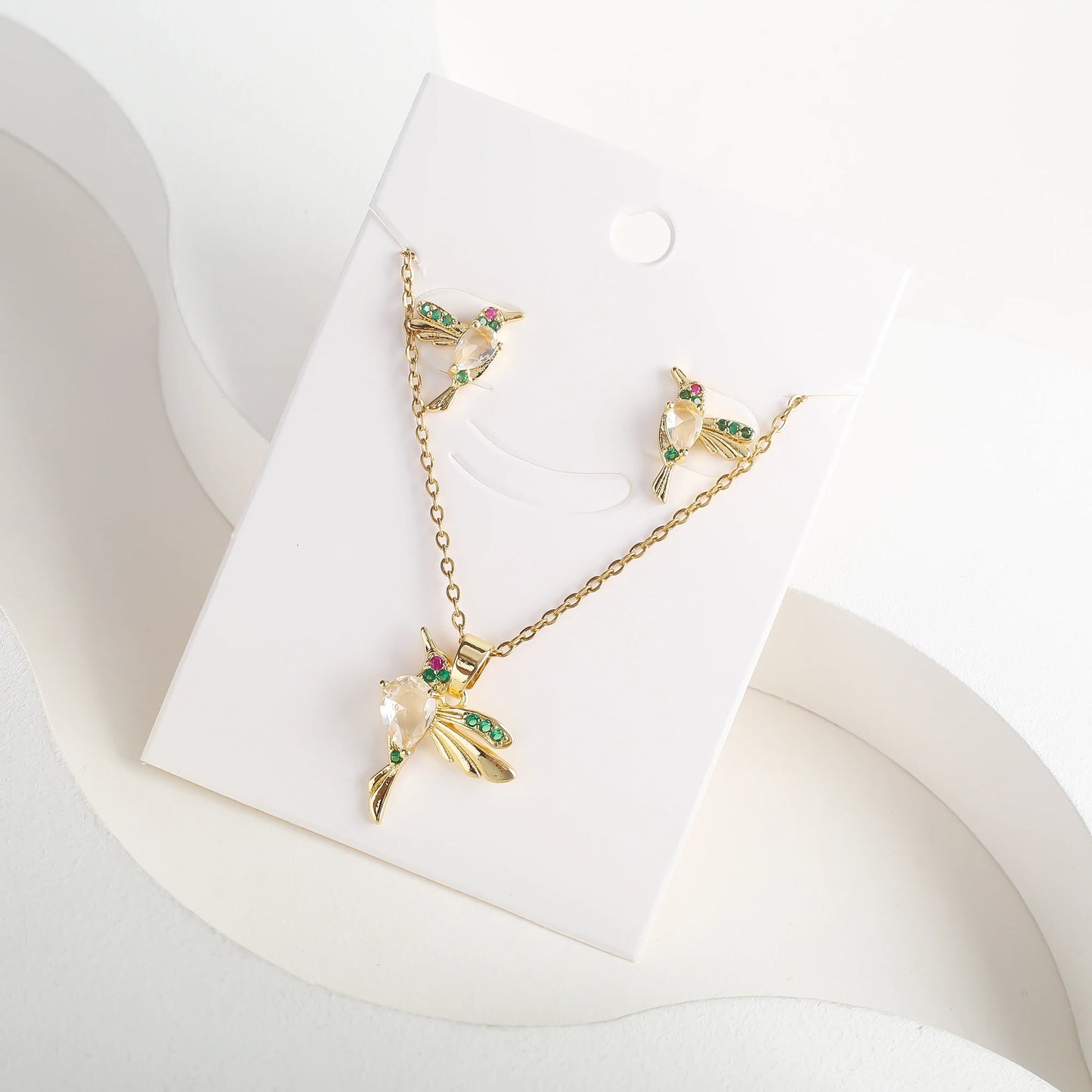 Crystal Hummingbird Pendant Necklace Earring Set