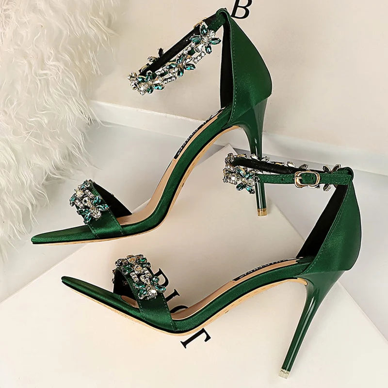 Crystal Glitter Satin Strap Heels