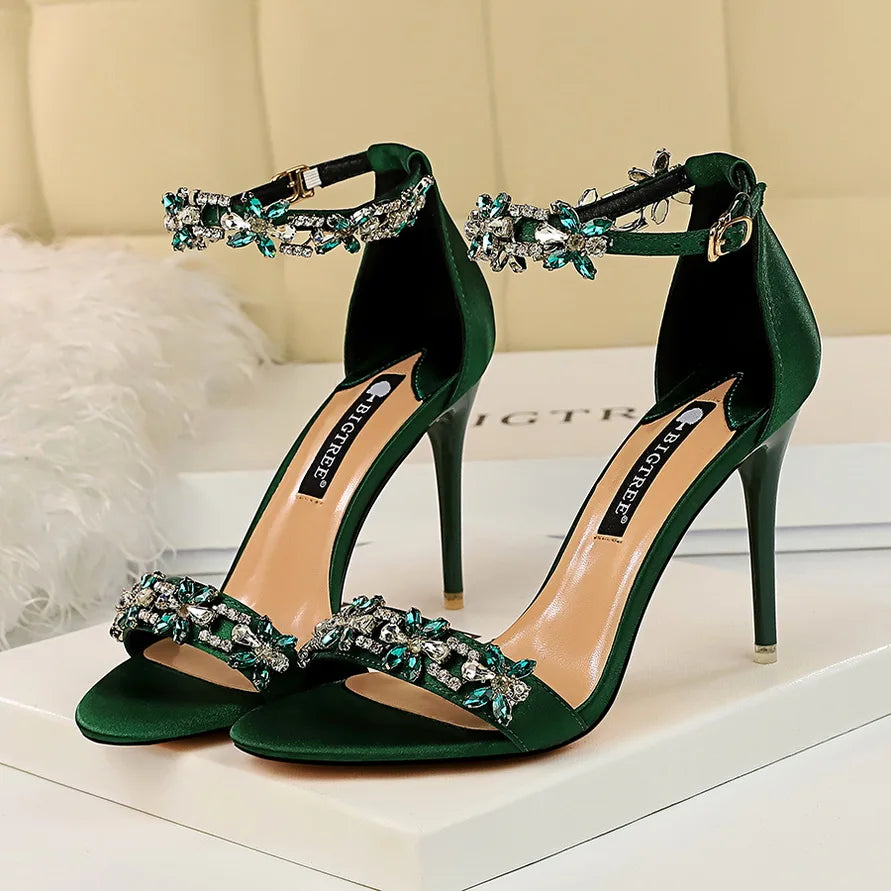 Crystal Glitter Satin Strap Heels