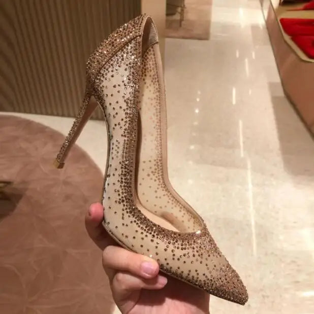 Sexy Mesh Rhinestone Patchwork High Heel Shoes