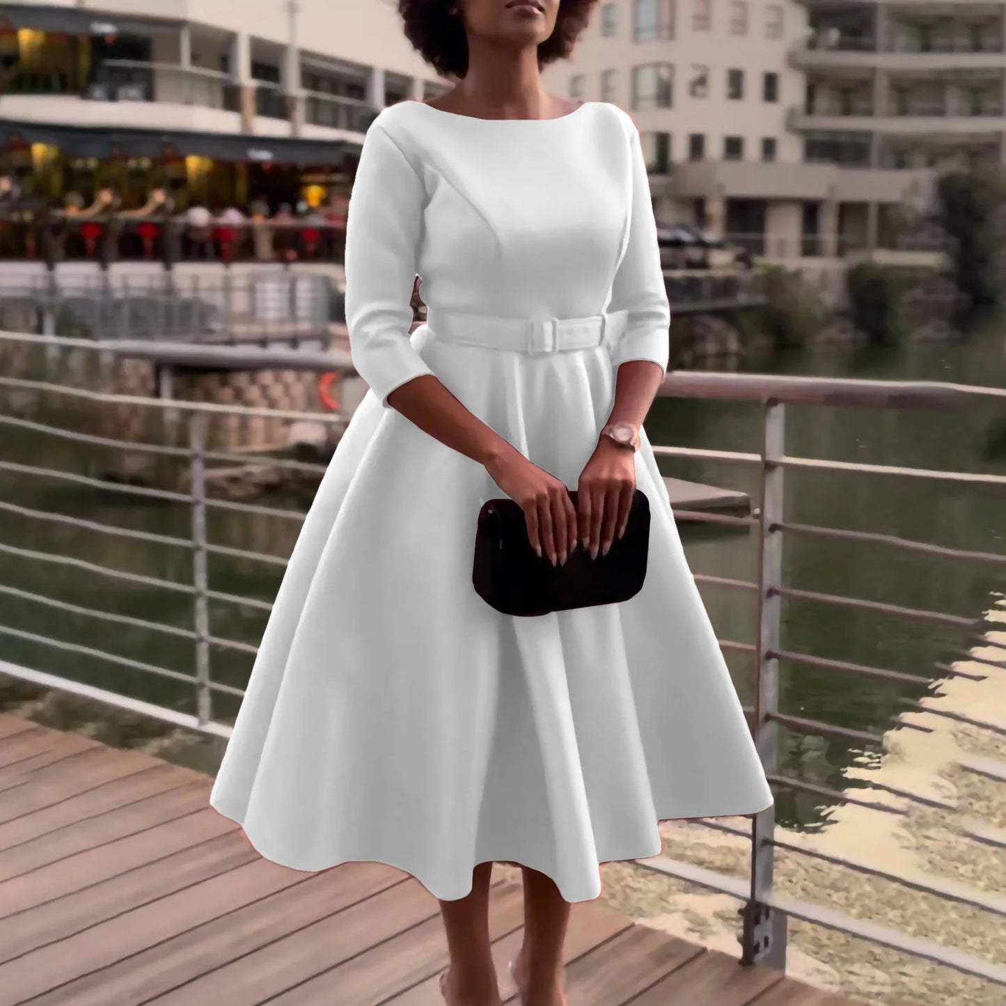 Retro Elegant O-Neck High Waist 3/4 Sleeve Dress