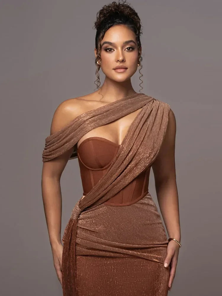 One Shoulder Draped Backless Glitter Long Dress