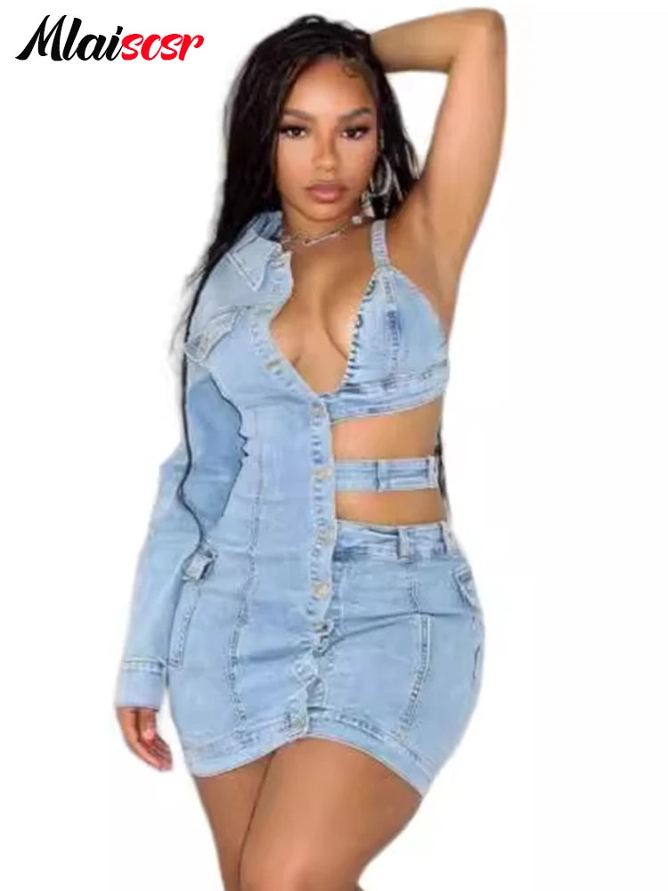 Blue Stretch Denim Backless One Shoulder Long Sleeve Mini Dress