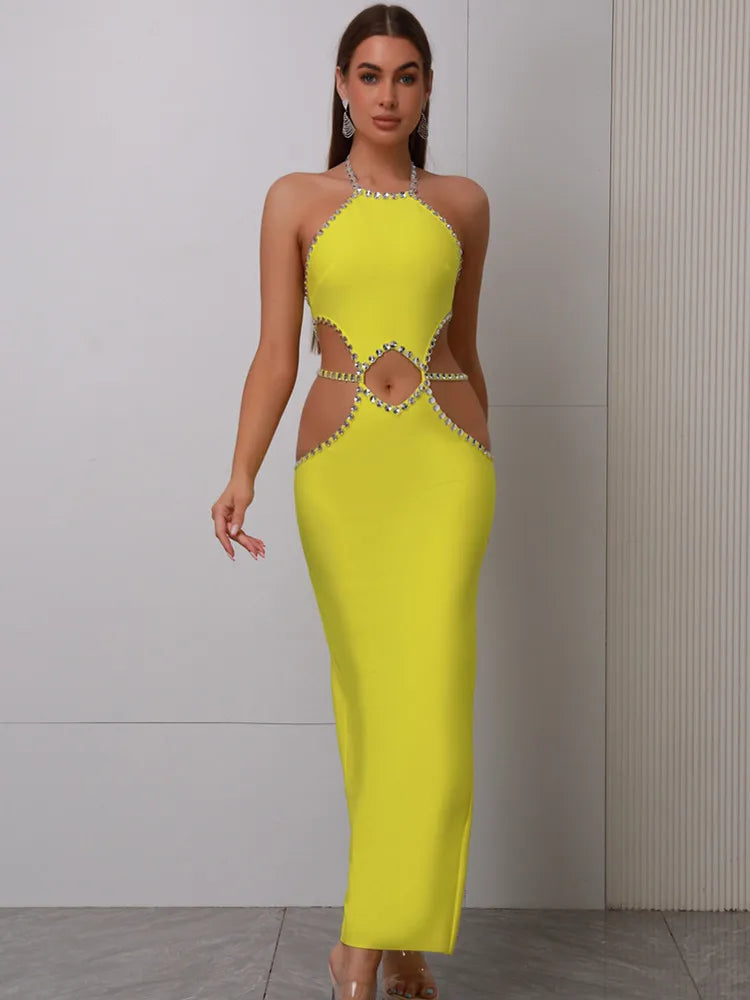 Sexy Backless Halter Beading Maxi Long Lemon Yellow Bandage Dress