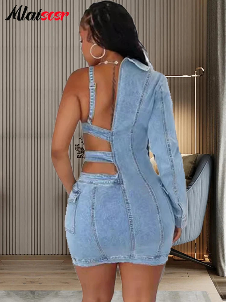 Blue Stretch Denim Backless One Shoulder Long Sleeve Mini Dress