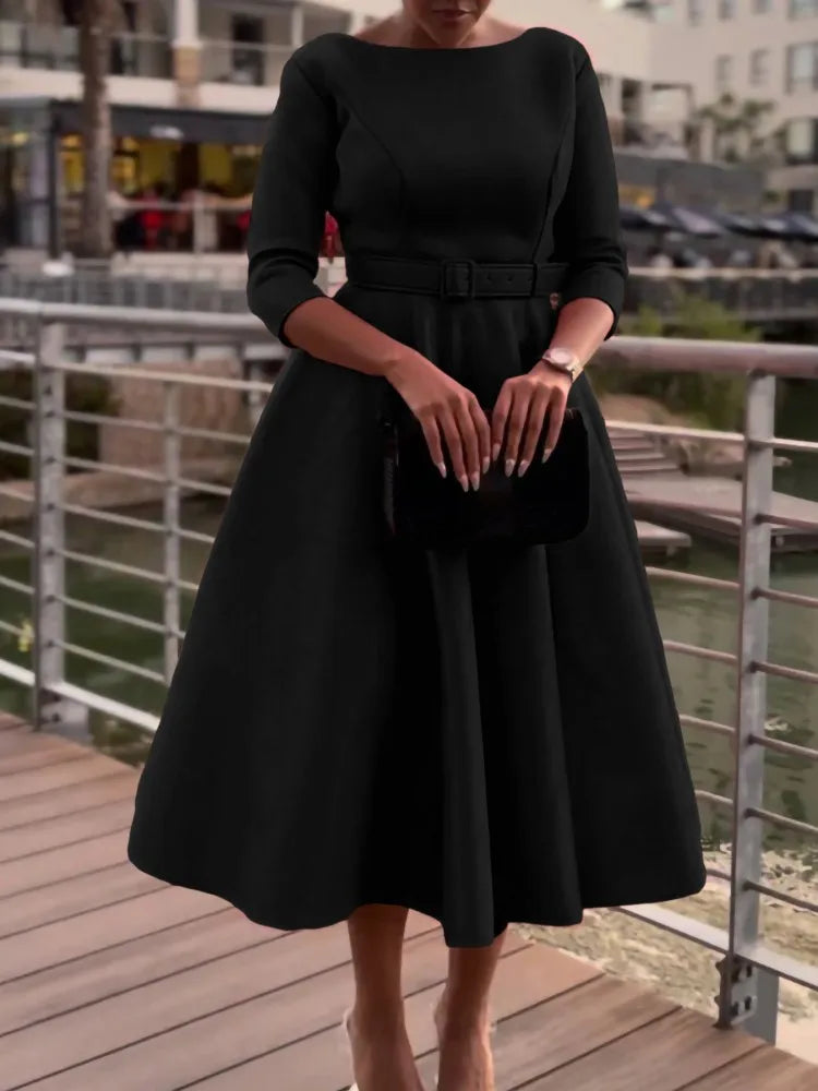 Retro Elegant O-Neck High Waist 3/4 Sleeve Dress