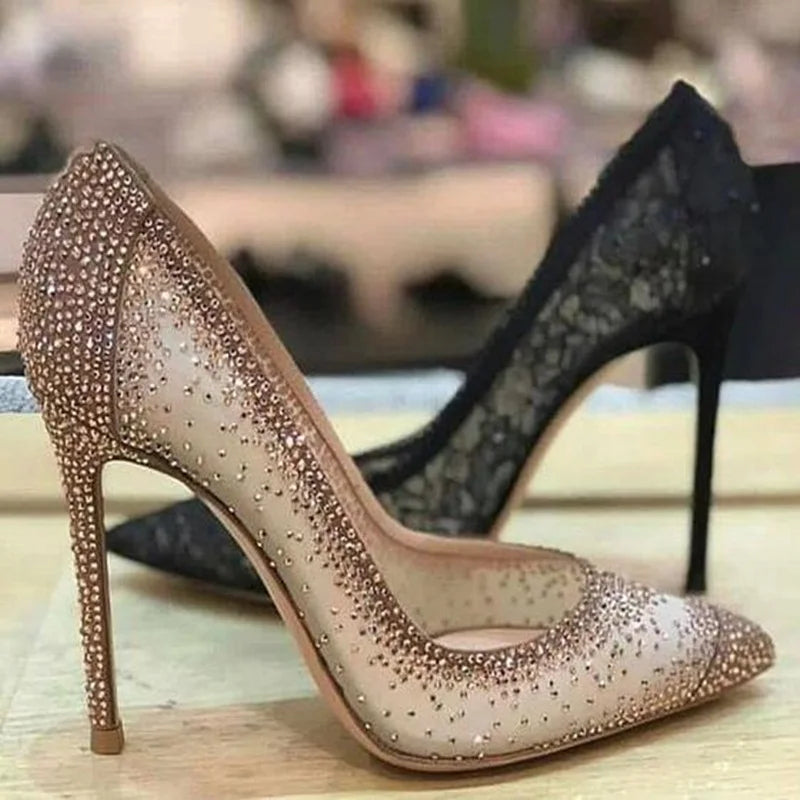 Sexy Mesh Rhinestone Patchwork High Heel Shoes