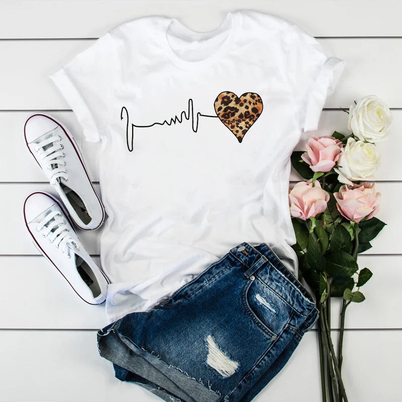 Leopard Heartbeat Short Sleeve Print T-Shirt