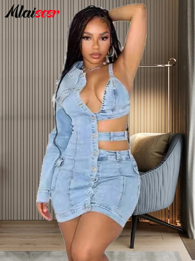 Blue Stretch Denim Backless One Shoulder Long Sleeve Mini Dress