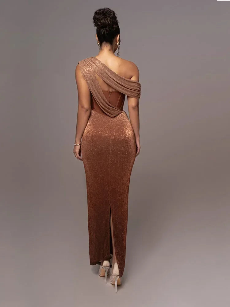 One Shoulder Draped Backless Glitter Long Dress