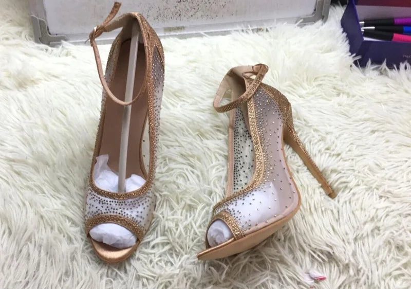 Sexy Mesh Rhinestone Patchwork High Heel Shoes