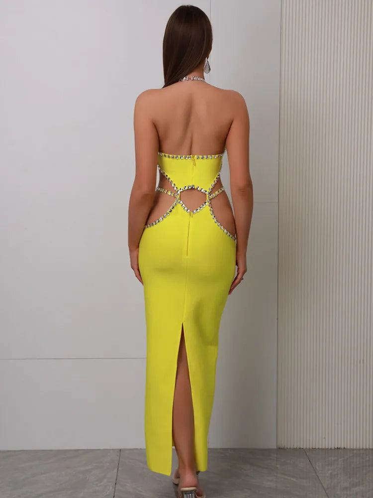 Sexy Backless Halter Beading Maxi Long Lemon Yellow Bandage Dress