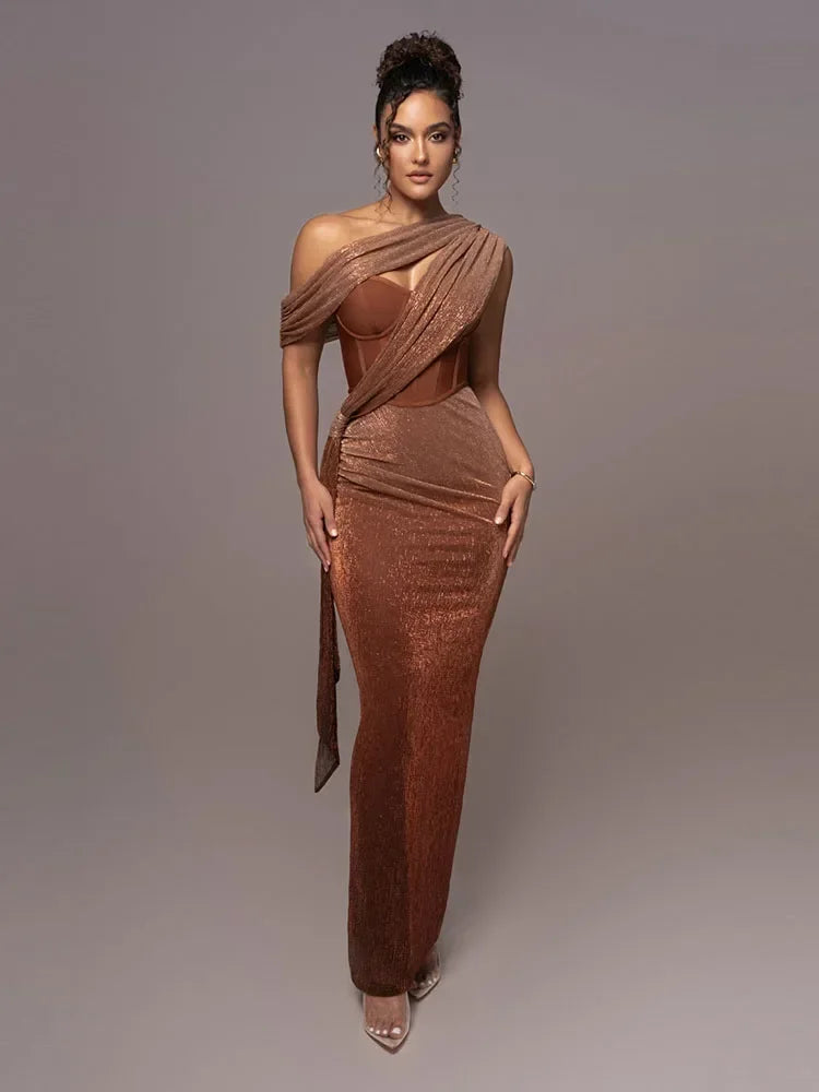 One Shoulder Draped Backless Glitter Long Dress