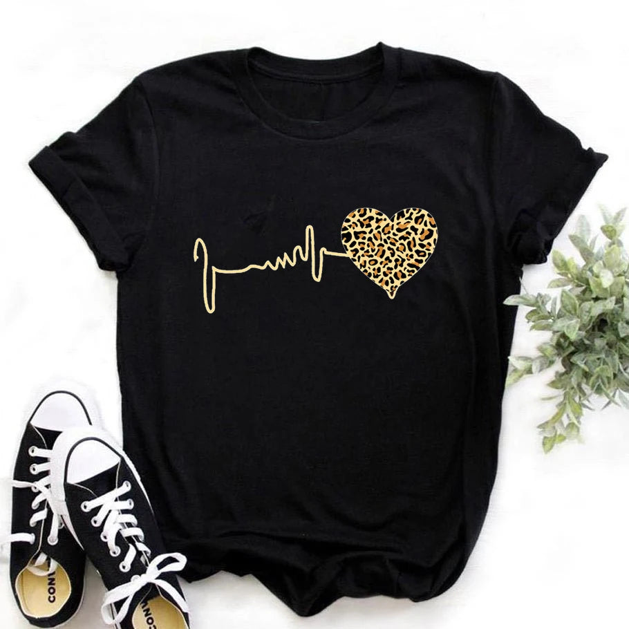 Leopard Heartbeat Short Sleeve Print T-Shirt