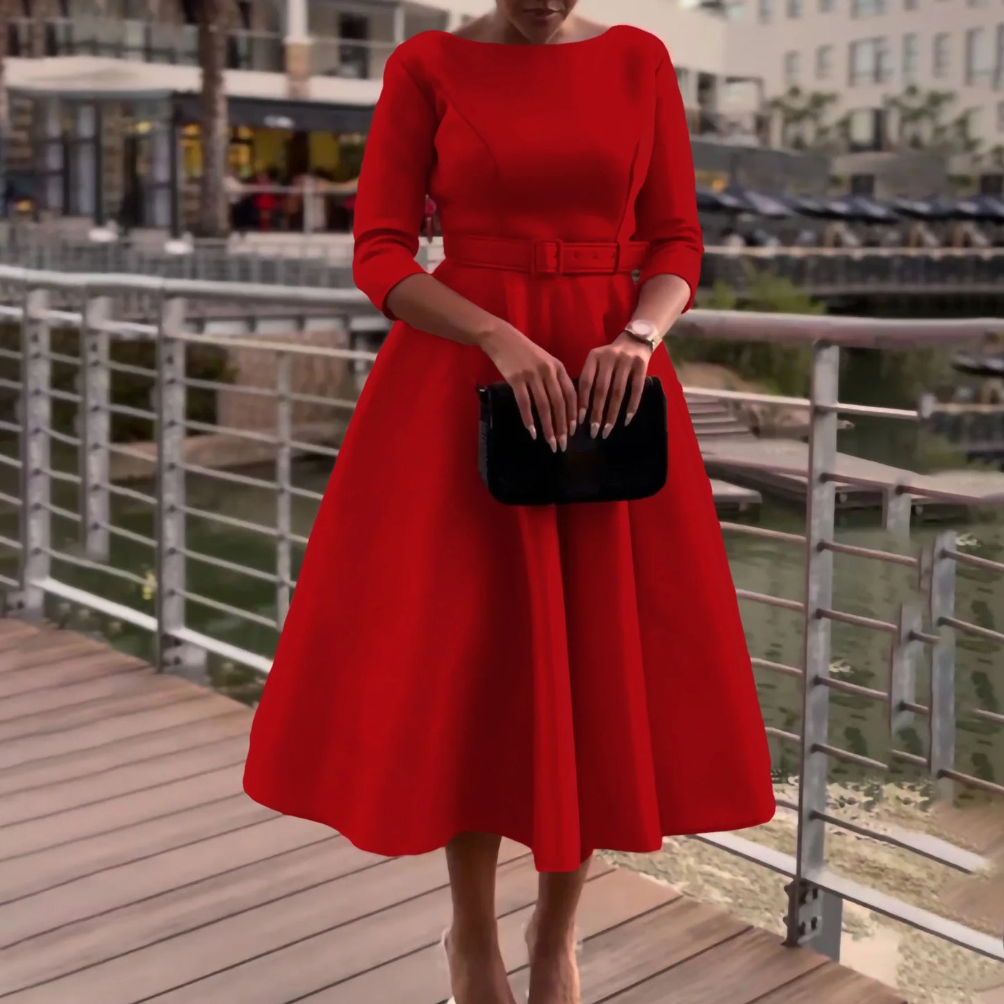 Retro Elegant O-Neck High Waist 3/4 Sleeve Dress