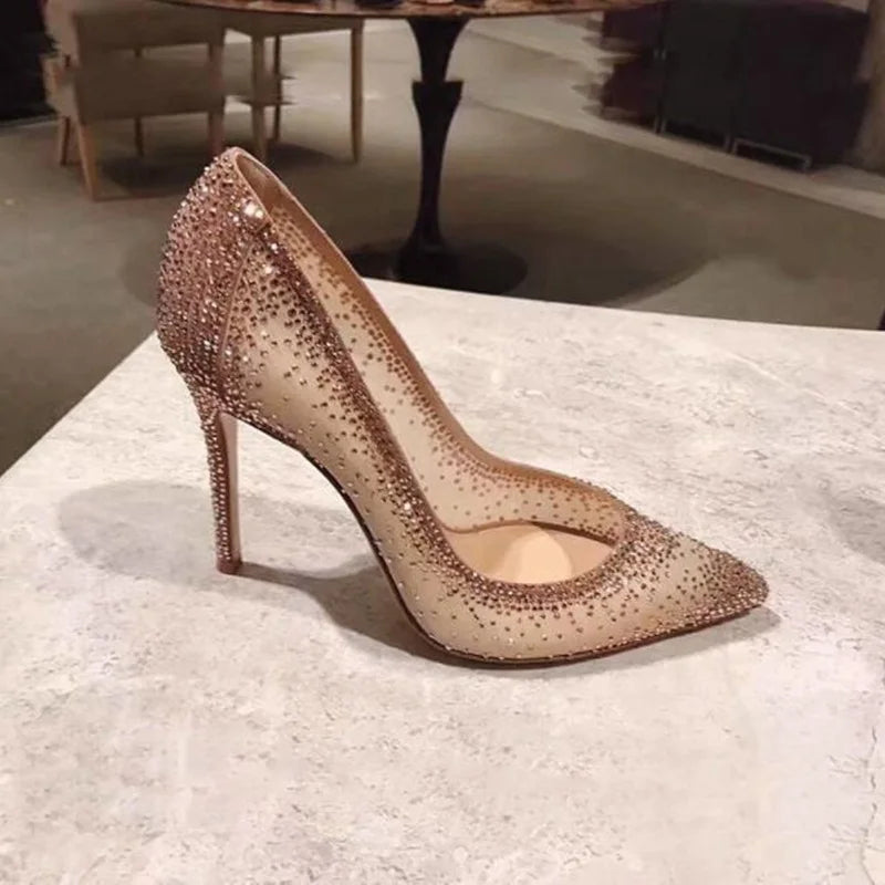 Sexy Mesh Rhinestone Patchwork High Heel Shoes