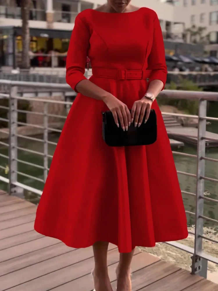 Retro Elegant O-Neck High Waist 3/4 Sleeve Dress