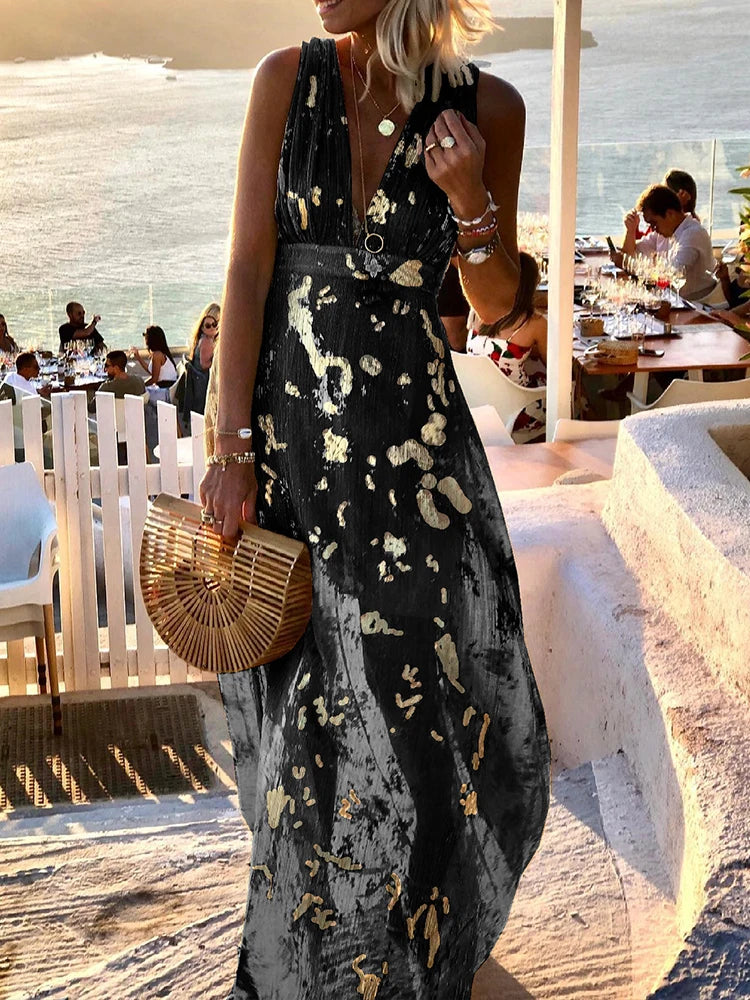 High Waist Hem Gold Print Sleeveless Long Dress