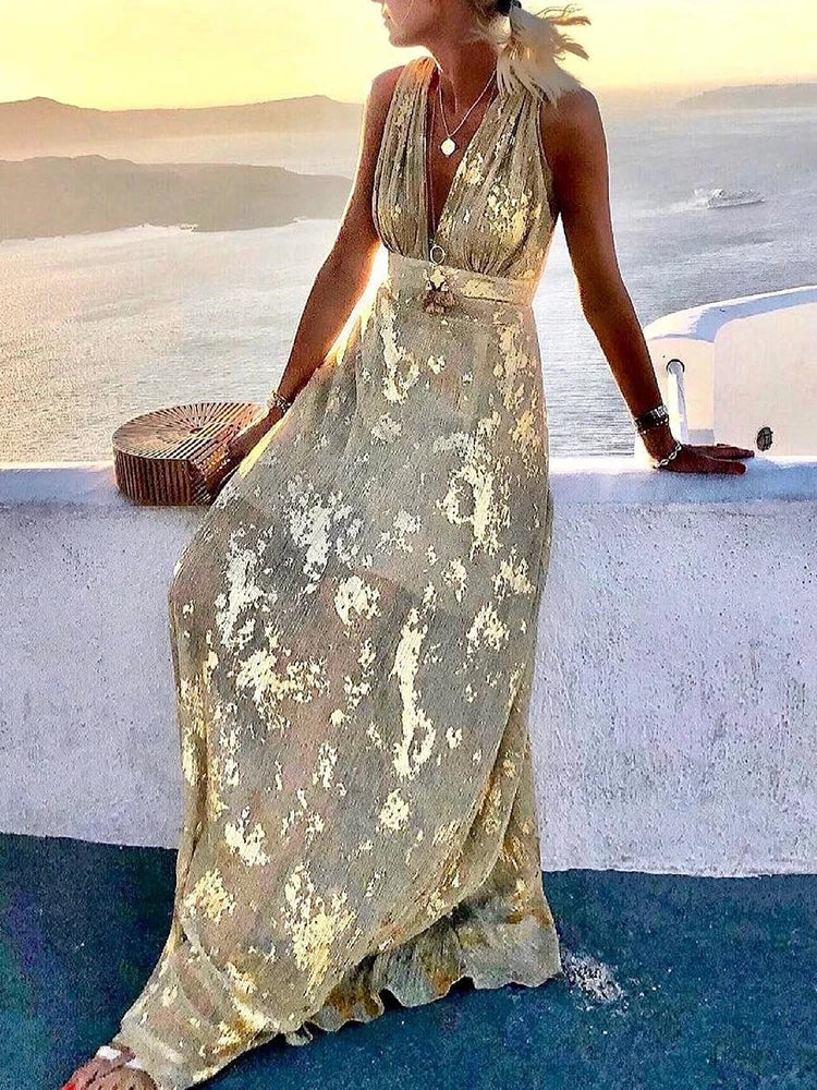 High Waist Hem Gold Print Sleeveless Long Dress