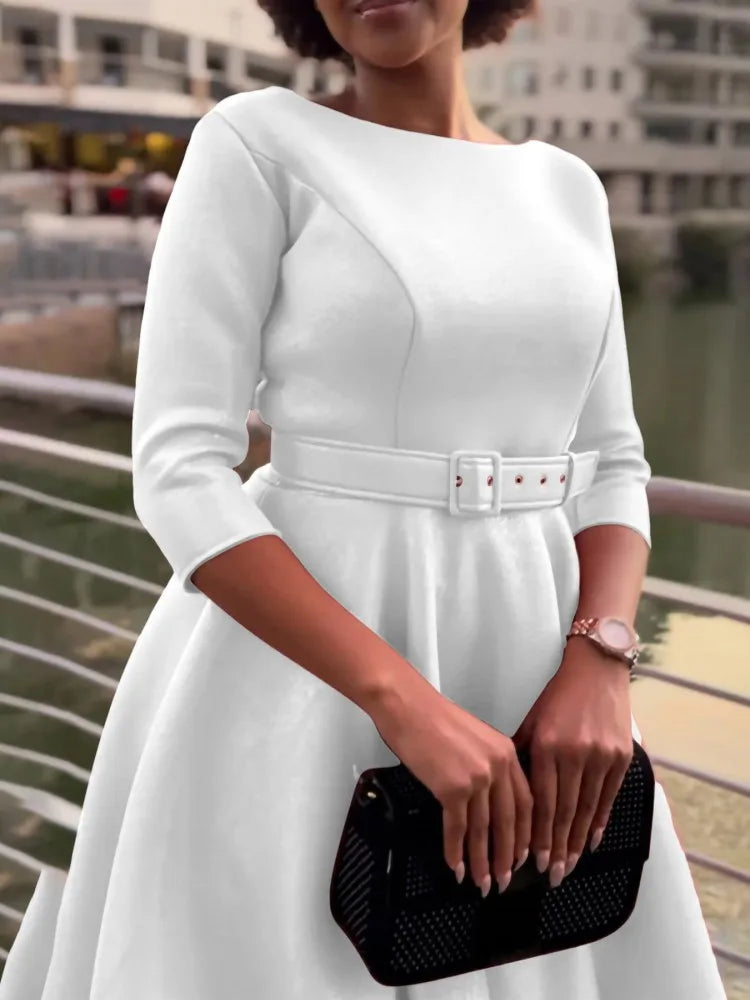 Retro Elegant O-Neck High Waist 3/4 Sleeve Dress